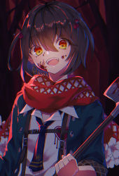 Rule 34 | 0 sakana san, 1girl, :d, blood, blood on face, bloody weapon, blue necktie, bow, brown eyes, brown hair, dress shirt, hair between eyes, hair bow, highres, holding, holding shovel, mashiro meme, mashiro meme (1st costume), necktie, nijisanji, open mouth, red bow, shirt, short hair, shovel, smile, solo, upper body, virtual youtuber, weapon, white shirt