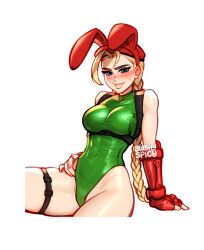 Rule 34 | 1girl, animal ears, bare shoulders, blonde hair, blushyspicy, braid, breasts, cammy white, covered navel, fake animal ears, gloves, grin, groin, highleg, highleg leotard, large breasts, leotard, lips, long hair, looking at viewer, playboy bunny, rabbit ears, shiny clothes, sitting, smile, solo, street fighter, street fighter v, twin braids