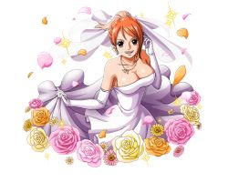 Rule 34 | 1girl, :d, bodskih, breasts, bridal veil, brown eyes, cleavage, dress, earrings, elbow gloves, floating hair, flower, gloves, hand in own hair, jewelry, large breasts, long hair, nami (one piece), necklace, one piece, one piece treasure cruise, open mouth, orange flower, orange hair, pink flower, ponytail, shiny skin, skirt hold, sleeveless, sleeveless dress, smile, solo, strapless, strapless dress, transparent background, veil, wedding dress, white dress, white gloves, yellow flower