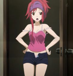 Rule 34 | 10s, 1girl, bare shoulders, bike shorts, breasts, brown eyes, cleavage, female focus, gotanda ran, hands on own hips, indoors, infinite stratos, open fly, open mouth, open pants, panties, pants, pink panties, red hair, solo, stitched, teeth, thighs, third-party edit, tongue, unbuttoned, underwear, undone, unzipped