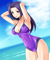 Rule 34 | 1girl, ahoge, armpits, arms behind head, arms up, breasts, casual one-piece swimsuit, cleavage, cloud, cowboy shot, day, dutch angle, horizon, idolmaster, idolmaster (classic), large breasts, long hair, miura azusa, muhi11234, ocean, one-piece swimsuit, purple hair, purple one-piece swimsuit, red eyes, sky, solo, swimsuit