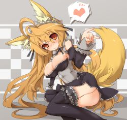 Rule 34 | 1girl, animal ears, arm support, ass, black thighhighs, blonde hair, blush, breasts, cleavage, detached sleeves, dress, fox ears, fox tail, frills, heart, large breasts, long hair, maid, orange eyes, sasamashin, simple background, sitting, smile, solo, tail, thighhighs, very long hair