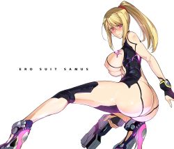 Rule 34 | 1girl, alternate color, ass, ass cutout, blonde hair, blue bodysuit, blush, bodysuit, breast cutout, breast tattoo, breasts, butt crack, character name, closed mouth, clothing cutout, commentary request, corruption, directed-energy weapon, energy gun, energy weapon, from behind, functionally nude, glowing, glowing eyes, gun, hair ornament, hair scrunchie, halcon, handgun, high heels, highres, holding, holding weapon, huge ass, large breasts, legs, lingerie, long hair, looking at viewer, looking back, metroid, mole, mole under mouth, naughty face, neon trim, nintendo, nipples, paralyzer, pistol, ponytail, purple eyes, revealing clothes, samus aran, scrunchie, see-through, shiny clothes, sidelocks, simple background, skin tight, solo, squatting, super smash bros., swept bangs, tattoo, tron lines, underwear, weapon, white background, wide hips, zero suit