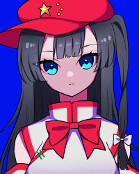 Rule 34 | 1girl, bare shoulders, black hair, blue background, blue eyes, blunt bangs, bow, bowtie, breasts, cabbie hat, closed mouth, commentary request, detached sleeves, expressionless, flat cap, hair bow, hat, hat ornament, kumeri0804, label girl (dipp), long hair, looking at viewer, mandarin collar, medium breasts, red bow, red bowtie, red hat, side ponytail, solo, star (symbol), star hat ornament, touhou, upper body, very long hair, vest, white bow, white sleeves, white vest