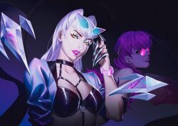 Rule 34 | 2girls, breasts, cropped jacket, demon, demon girl, evelynn (league of legends), glasses, highres, jewelry, k/da (league of legends), k/da evelynn, lantdinh, large breasts, league of legends, long hair, looking at viewer, makeup, multiple girls, parted lips, pink hair, the baddest evelynn, upper body, white hair, yellow eyes