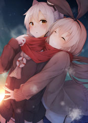 Rule 34 | 10s, 2girls, adjusting scarf, alternate costume, amatsukaze (kancolle), arched back, black panties, blonde hair, blue skirt, blush, brown dress, commentary request, dress, closed eyes, garter straps, grin, hair between eyes, hairband, highleg, highleg panties, highres, hug, hug from behind, kantai collection, leaning forward, long hair, looking at another, midriff, multiple girls, navel, night, night sky, open mouth, outstretched arms, outstretched hand, panties, pleated skirt, red scarf, rerrere, scarf, shared clothes, shared scarf, shimakaze (kancolle), short dress, silver hair, skirt, skirt set, sky, smile, smokestack, star (sky), starry sky, sweater, thighhighs, two side up, underwear, upper body, yellow eyes, yuri