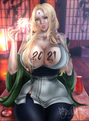 Rule 34 | 1girl, 2021, absurdres, blonde hair, blush, breasts, brown eyes, cleavage, female focus, highres, huge breasts, large breasts, looking at viewer, mature female, nail polish, naruto, naruto (series), naruto shippuuden, new year, smile, solo, tsunade (naruto), undressing