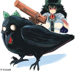 Rule 34 | 1girl, absurdres, bird, black hair, bow, breasts, cannon, closed mouth, commentary, crow, dated, english commentary, glowing, glowing eyes, green bow, hair bow, highres, large breasts, long hair, multiple views, profitshame, reiuji utsuho, reiuji utsuho (bird), signature, simple background, third eye, touhou, white background