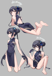 Rule 34 | 1girl, absurdres, ass, back cutout, bare shoulders, barefoot, black dress, black gloves, black hair, black panties, blue archive, braid, braided bun, breasts, butterfly hair ornament, china dress, chinese clothes, clothing cutout, commentary, covered navel, cropped legs, double bun, doufu (pixiv9093484), dragon print, dress, expressionless, feet, feet up, full body, gloves, grey background, grey eyes, hair bun, hair ornament, half gloves, halo, highres, kisaki (blue archive), long hair, looking at viewer, looking back, lying, multiple views, on stomach, panties, pelvic curtain, print dress, side slit, simple background, sitting, sleeveless, sleeveless dress, small breasts, spread legs, toes, twintails, underwear