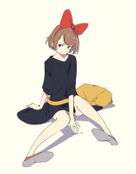 Rule 34 | 1girl, bag, beige background, black dress, blush, bow, brown eyes, brown hair, closed mouth, dress, hair bow, hairband, highres, kiki (majo no takkyuubin), looking at viewer, majo no takkyuubin, popman3580, red bow, red footwear, red hairband, shadow, shoe soles, short sleeves, shoulder bag, sitting, sketch, solo, v-shaped eyebrows