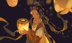 Rule 34 | 1girl, black hair, blurry, blurry background, breasts, brown eyes, cleavage, dress, earrings, floating, floating lights, floating object, gold dress, gold earrings, gold necklace, hair bun, holding, ibuki satsuki, jewelry, lantern, lips, lipstick, looking at viewer, makeup, necklace, original, red lips, ribbon, small breasts, smile, wristband, yellow theme
