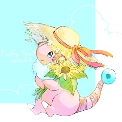 Rule 34 | awaawa 22, character name, clothed pokemon, creatures (company), dated, english text, flaaffy, flower, game freak, gen 2 pokemon, hat, highres, holding, holding flower, nintendo, no humans, pokemon, pokemon (creature), simple background, sitting, solo, straw hat, sunflower