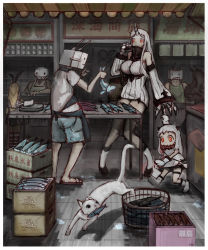 Rule 34 | 10s, 3boys, 4girls, abyssal ship, animal, apron, black hair, blonde hair, boots, box, butcher knife, cat, claws, creepy, cutting board, dress, fish, fish in mouth, highres, holding, holding animal, holding finger, holding fish, horns, horror (theme), isolated island oni, kantai collection, legs, long hair, market, merchant, multiple boys, multiple girls, northern ocean princess, pepii, red eyes, rensouhou-chan, rensouhou-kun, ribbed sweater, seaport princess, shimakaze (kancolle), shorts, single horn, striped clothes, striped legwear, striped thighhighs, surprised, sweater, sweater dress, table, teeth, thighhighs, translation request, white hair