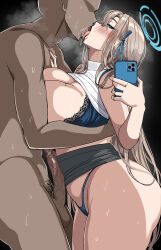 1boy 1girl asuna_(blue_archive) bare_arms bare_shoulders black_background black_skirt blue_archive blue_bra blue_halo blue_ribbon blush bra breasts brown_hair cellphone censored cleavage commentary english_commentary erection french_kiss from_side hair_ornament hair_ribbon halo hella_p highres holding holding_phone kiss large_breasts long_hair male_pubic_hair mosaic_censoring penis phone pubic_hair ribbon shirt skirt smartphone solo_focus tongue tongue_out underwear white_shirt