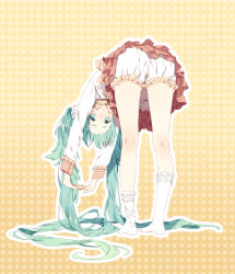 Rule 34 | 1girl, aqua eyes, aqua hair, bent over, bloomers, blush, frills, from behind, full body, hair ornament, hatsune miku, interlocked fingers, kneepits, lol -lots of laugh- (vocaloid), long hair, looking at viewer, looking back, no shoes, parted lips, pleated skirt, polka dot, polka dot background, psd, scrunchie, skirt, socks, solo, standing, twintails, underwear, very long hair, vocaloid, white socks