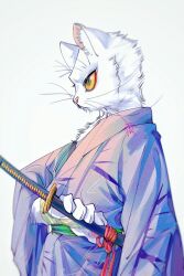 Rule 34 | animal, animal focus, bing li, blurry, cat, clothed animal, colored sclera, da li si rizhi, da li si rizhi (white cat of legend), depth of field, eyeliner, fighting stance, from side, grey eyes, hand up, highres, japanese clothes, katana, kimono, long sleeves, looking ahead, makeup, profile, purple kimono, ready to draw, sash, simple background, solo, songyeerhu, sword, upper body, weapon, white background, yellow sclera