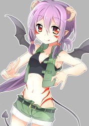 Rule 34 | 1girl, :q, bare arms, bare shoulders, belt, breasts, bustier, collarbone, demon girl, demon horns, demon tail, demon wings, highres, horns, licking lips, midriff, navel, open clothes, open vest, original, oruto (ort+), pointy ears, purple hair, red eyes, shorts, small breasts, smile, solo, tail, tattoo, tongue, tongue out, vest, wings