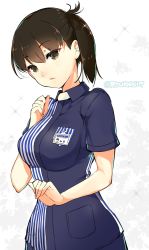 Rule 34 | 10s, 1girl, adapted costume, alternate costume, breasts, brown eyes, brown hair, commentary request, employee uniform, eyebrows, highres, kaga (kancolle), kantai collection, large breasts, lawson, looking at viewer, matching hair/eyes, naitou ryuu, parted lips, short sleeves, side ponytail, solo, twitter username, uniform, upper body