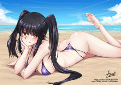 Rule 34 | 1girl, adsouto, asymmetrical hair, barefoot, beach, bikini, black hair, clock eyes, collarbone, date a live, grin, head rest, heterochromia, highres, long hair, looking at viewer, lying, ocean, on stomach, red eyes, signature, smile, solo, string bikini, swimsuit, symbol-shaped pupils, tokisaki kurumi, twintails, uneven twintails, variant set, yellow eyes