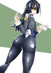 Rule 34 | 1girl, artist request, ass, black hair, blush, bodysuit, book, chalk, flat chest, from behind, highres, honda masazumi, kyoukaisenjou no horizon, long hair, looking back, open mouth, pantyhose, shiny clothes, skin tight, solo, yellow eyes