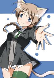 Rule 34 | 1girl, animal ears, blue eyes, blush, braid, brown hair, lynette bishop, military, military uniform, necktie, outstretched hand, single braid, smile, solo, strike witches, striped clothes, striped thighhighs, tail, thighhighs, uniform, world witches series, yumekaranigeruna