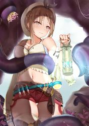 Rule 34 | 1girl, absurdres, atelier (series), atelier ryza, atelier ryza 1, belt, beret, blush, breasts, brown eyes, brown hair, commentary request, cowboy shot, furrowed brow, hair ornament, hairclip, hat, highres, holding, holding lantern, lantern, medium breasts, plant, red shorts, reisalin stout, shorts, solo, standing, tentacles, test tube, thigh gap, thighhighs, white hat, yukiaka