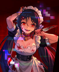 1girl apron arm_up art_study bell black_dress blood bloody_knife blue_hair breasts collar commentary_request crazy_mita_(miside) dress fangs fly_sister123 frilled_apron frills glitch hair_ornament hairclip highres holding holding_knife indoors knife large_breasts long_hair looking_at_viewer low_twintails maid maid_headdress miside mita_(miside) neck_bell open_mouth puffy_short_sleeves puffy_sleeves red_collar red_eyes short_sleeves smile solo teeth twintails upper_teeth_only white_apron white_headdress