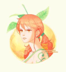 Rule 34 | 1girl, alternate costume, arm tattoo, artist name, bare shoulders, closed mouth, commentary, earrings, english commentary, food, fruit, instagram username, jewelry, long hair, low ponytail, mandarin orange, nami (one piece), one piece, orange eyes, orange hair, pearl earrings, ponytail, sephirona, sleeveless, solo, tattoo, tumblr username, twintails, watermark, web address