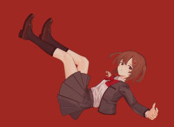 Rule 34 | 1girl, aijou karen, black socks, bow, bowtie, breast pocket, brown eyes, brown footwear, brown hair, collared shirt, commentary, crown hair ornament, falling, from side, full body, grey jacket, grey skirt, hair ornament, hairclip, hands up, highres, jacket, kneehighs, legs up, loafers, long sleeves, looking at viewer, looking to the side, lu guan, miniskirt, open clothes, open jacket, outstretched arm, parted lips, pleated skirt, pocket, red background, red bow, red bowtie, school uniform, seishou music academy uniform, shirt, shirt tucked in, shoes, short hair, shoujo kageki revue starlight, simple background, skirt, socks, solo, symbol-only commentary, two side up, white shirt