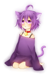 Rule 34 | &gt;:&lt;, 04-10, 1boy, :&lt;, ahoge, androgynous, animal ears, bad id, bad pixiv id, bell, cat boy, cat ears, cat tail, closed mouth, collar, full body, highres, looking at viewer, male focus, neck bell, original, oversized clothes, oversized shirt, purple eyes, purple hair, seiza, shirt, short hair, simple background, sitting, sleeves past wrists, solo, tail, trap, v-shaped eyebrows, white background