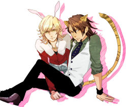 Rule 34 | 10s, 2boys, 325 (im24), animal ears, bad id, bad pixiv id, barnaby brooks jr., blonde hair, brown eyes, brown hair, rabbit ears, cat boy, cat ears, cat tail, facial hair, glasses, green eyes, jacket, jewelry, kaburagi t. kotetsu, kemonomimi mode, looking at viewer, male focus, multiple boys, necklace, necktie, red jacket, short hair, stubble, tail, tiger &amp; bunny, tiger ears, tiger tail, vest, white background