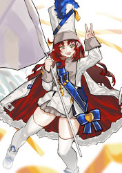 1girl absurdres arknights belt blue_sash blurry blurry_foreground cape commentary_request ear_piercing flag green_eyes grey_skirt hand_up hat highres holding holding_flag jacket long_hair long_sleeves looking_at_viewer myrtle_(arknights) myrtle_(light_gold_celebration)_(arknights) official_alternate_costume open_mouth piercing pointy_ears red_cape red_hair renxzd sash shako_cap skirt smile solo thighhighs two-sided_cape two-sided_fabric v white_background white_cape white_flag white_footwear white_hat white_jacket white_thighhighs