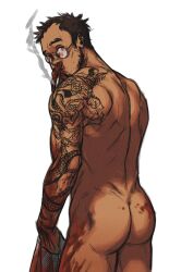 Rule 34 | 1boy, absurdres, alternate muscle size, arm tattoo, ass, bara, black hair, blood, blood on body, blood on clothes, cigarette, completely nude, dark-skinned male, dark skin, dorohedoro, facial hair, feet out of frame, from behind, glasses, highres, holding, holding cigarette, holding clothes, holding shirt, kasukabe (dorohedoro), long sideburns, looking at viewer, looking back, male focus, mature male, muscular, muscular male, nude, round eyewear, shirt, short hair, sideburns, smokerichi, smoking, solo, stubble, tattoo, thick eyebrows, thighs