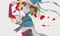 Rule 34 | 0 mix 9, 1boy, alternate color, alternate eye color, alternate hair color, armor, blue bow, bouquet, bow, closed mouth, flower, from side, genshin impact, green eyes, green hair, grey background, highres, japanese armor, japanese clothes, kote, looking up, male focus, petals, profile, red flower, scaramouche (genshin impact), simple background, solo, upper body, wanderer (genshin impact)