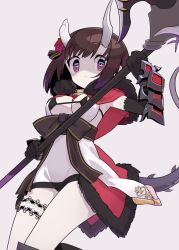 Rule 34 | + +, 1girl, armor, axe, battle axe, black bra, black gloves, bra, breasts, bridal garter, broken horn, brown hair, capelet, eriko (princess connect!), flower, fur-trimmed capelet, fur trim, gloves, grey background, hair flower, hair ornament, holding, holding weapon, horns, large breasts, looking at viewer, monaka ooji, princess connect!, purple eyes, red flower, red rose, rose, shaded face, short hair, simple background, solo, spiked tail, spikes, tail, underwear, weapon