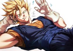 Rule 34 | 1boy, blue eyes, dated, dougi, dragon ball, dragonball z, earrings, gloves, grin, jewelry, looking at viewer, male focus, muscular, muscular male, pectorals, potara earrings, shin (sinsin12121), signature, simple background, smile, solo, spiked hair, super saiyan, vegetto, waving, white background, white gloves