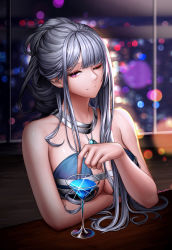 Rule 34 | 1girl, absurdres, ak-12 (girls&#039; frontline), ak-12 (quiet azure) (girls&#039; frontline), artist name, bad id, bad pixiv id, bare shoulders, blue dress, blurry, blurry background, breasts, city lights, cleavage, closed mouth, cocktail dress, cocktail glass, cup, dress, drinking glass, elbow rest, girls&#039; frontline, glint, halter dress, halterneck, highres, indoors, jewelry, long hair, looking at viewer, medium breasts, necklace, official alternate costume, one eye closed, purple eyes, revision, sidelocks, silver hair, sitting, sleeveless, smile, solo, torrentduck, window