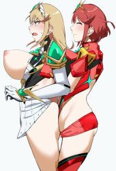 Rule 34 | 2girls, animated, ass, bakkanki, bar censor, blonde hair, bouncing breasts, breasts, breasts out, censored, chest jewel, dress, elbow gloves, fingerless gloves, from side, futa with female, futanari, gloves, large breasts, lowres, multiple girls, mythra (xenoblade), penis, pyra (xenoblade), red hair, red shorts, sex, short dress, short hair, short shorts, shorts, smile, standing, standing sex, swept bangs, tagme, thighhighs, tiara, video, white dress, white gloves, xenoblade chronicles (series), xenoblade chronicles 2, yellow eyes