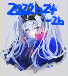 Rule 34 | 1girl, :o, absurdres, big hair, black-framed eyewear, black bow, blue eyes, blue hair, blush, bow, eyewear on head, gradient hair, hair bow, hairband, high collar, highres, long hair, looking at viewer, multicolored hair, nekometaru, original, parted lips, pink hair, signature, simple background, solo, sunglasses, upper body, white background