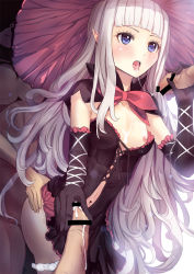 Rule 34 | 1girl, 3boys, ass, black dress, black gloves, blue eyes, blush, breasts, capelet, censored, clothed female nude male, clothes lift, culter, cum, dress, dress lift, elbow gloves, gloves, handjob, hat, hetero, highres, long hair, melty (shining hearts), multiple boys, nipple slip, nipples, no bra, nude, one breast out, open mouth, panties, panty pull, penis, pointy ears, sex, shining (series), shining hearts, silver hair, small breasts, solo focus, tongue, underwear, very long hair, white panties