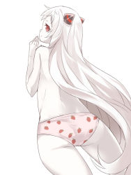 Rule 34 | 10s, 1girl, abyssal ship, airfield princess, ass, back, colored skin, food print, from behind, kantai collection, long hair, maruki (punchiki), panties, print panties, profile, red eyes, simple background, solo, strawberry panties, strawberry print, topless, underwear, underwear only, very long hair, white background, white hair, white skin