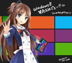Rule 34 | 1girl, absurdres, artist name, bad id, bad pixiv id, blue eyes, bow, brown hair, dress, hair ribbon, highres, madobe ai, microsoft, microsoft windows, os-tan, personification, retorillo, ribbon, salute, side ponytail, smile, smiley face, solo, tablet pc, text focus, translation request, vulcan salute, windows 8