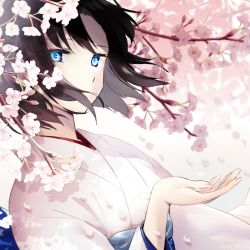 Rule 34 | 1girl, blue eyes, brown hair, commentary request, fate/grand order, fate (series), hitsuji kumo, japanese clothes, kara no kyoukai, kimono, looking at viewer, obi, outstretched hand, petals, pink kimono, ryougi shiki, sash, short hair, solo, wide sleeves