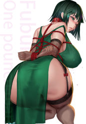 Rule 34 | 1girl, arms behind back, ass, bdsm, blush, bondage, bound, box tie, breast bondage, breasts, collar, dress, covered erect nipples, fubuki (one-punch man), full-face blush, green eyes, green hair, gtunver, highres, large breasts, looking at viewer, looking back, matching hair/eyes, one-punch man, rope, shibari, shibari over clothes, short hair, slave, solo