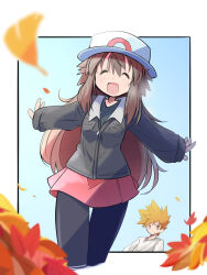 Rule 34 | 1boy, 1girl, autumn leaves, black pantyhose, black shirt, blue oak, border, borrowed clothes, brown eyes, brown hair, closed eyes, closed mouth, creatures (company), facing viewer, game freak, ginkgo leaf, grey jacket, highres, jacket, leaf, leaf (pokemon), long sleeves, nintendo, open mouth, outstretched arms, pantyhose, pokemon, pokemon frlg, rascal (feuille), red skirt, shirt, skirt, smile, spread arms, white border, white headwear