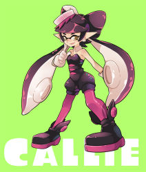 Rule 34 | + +, 1girl, ankle boots, bare shoulders, black pantyhose, boots, callie (splatoon), character name, detached collar, earrings, english text, fang, fangs, food, food on head, full body, gloves, gomipomi, green background, inkling, jewelry, long hair, looking at viewer, mole, mole under eye, nintendo, object on head, pantyhose, parted lips, pointy ears, purple pantyhose, short jumpsuit, simple background, smile, solo, splatoon (series), splatoon 1, standing, strapless, sushi, symbol-shaped pupils, tentacle hair, very long hair, white gloves