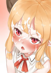 Rule 34 | 1girl, blonde hair, blush, bow, cum, cum on hair, facial, hair bow, horns, ibuki suika, long hair, looking at viewer, nishiuri, open mouth, pointy ears, red eyes, simple background, sleeveless, solo, touhou, upper body