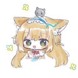 Rule 34 | animal ears, arknights, black cat, blonde hair, blue hairband, blush stickers, cardigan, cat, chibi, commentary, fox ears, fox girl, frilled hairband, frills, green eyes, hair ornament, hairband, heixiu, long hair, mom2, neck ribbon, official alternate costume, on head, open cardigan, open clothes, open mouth, portrait, red ribbon, ribbon, sidelocks, simple background, suzuran (arknights), suzuran (spring praise) (arknights), luo xiaohei zhanji, triangle mouth, white background, yellow cardigan