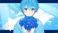 Rule 34 | 2boys, artist name, blue eyes, blue flower, blue hair, blue hoodie, blue theme, capelet, closed mouth, colon (stpri), commentary, crossed bangs, double-parted bangs, drawstring, dual persona, epaulettes, facing away, fingernails, floating, floating object, flower, from behind, hair between eyes, highres, holding, holding flower, hood, hood down, hoodie, letterboxed, light blue background, light blush, light rays, long bangs, male focus, multiple boys, outside border, paper, paper airplane, positive blue (strawberry prince), projected inset, ramio3 2, shirt, short hair, smile, solo focus, strawberry prince, upper body, white capelet, white shirt