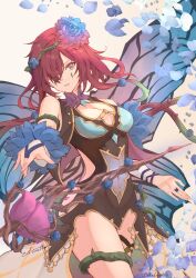 Rule 34 | 1girl, artist name, atoatto, breasts, cleavage, covered navel, facial mark, fairy, fairy wings, fire emblem, fire emblem heroes, flower, hair flower, hair ornament, hair over one eye, hip vent, looking at viewer, medium breasts, nintendo, official alternate costume, petals, purple eyes, red hair, short hair, solo, triandra (fire emblem), triandra (reverent dream) (fire emblem), wings